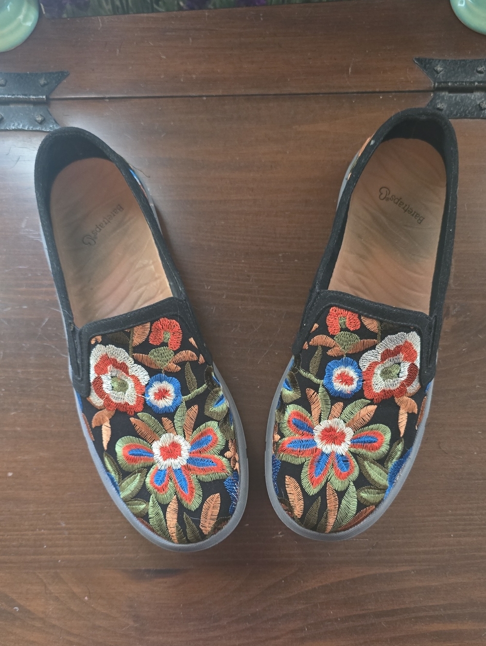 BareTraps Black Slip-On Flats with Multicolor Floral Embroidery